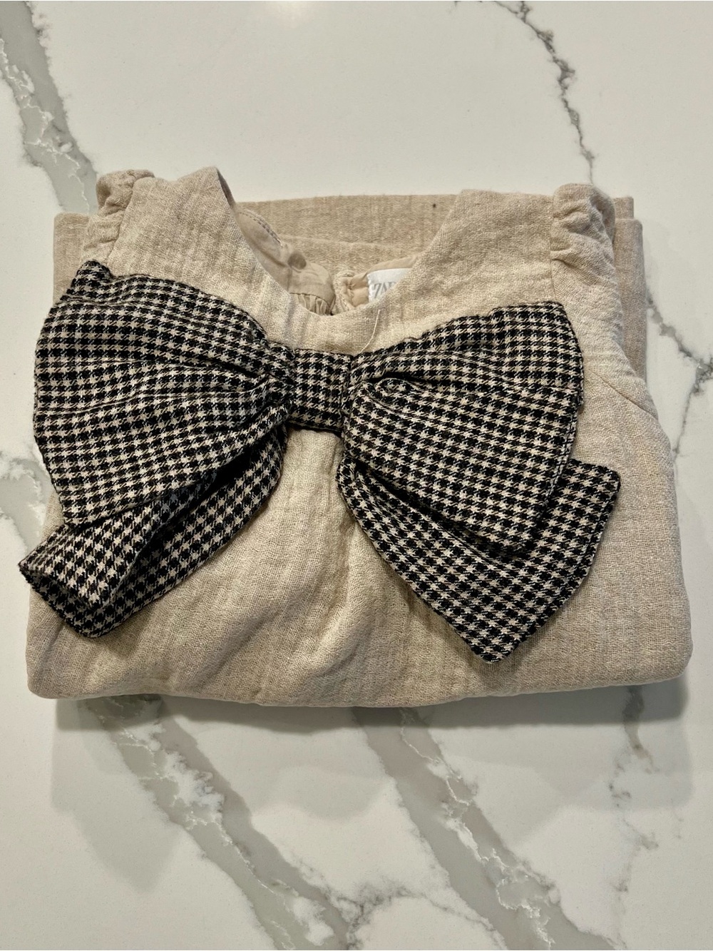ZARA Kids Beige Linen-Blend Dress with Gingham Bow❤️ - Picture 8 of 9